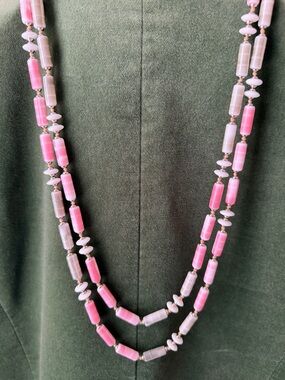 Vintage Lanvin blush pink and grey glass bead long necklace